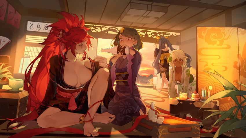 4girls absurdres alcohol all_fours amputee baiken barefoot big_hair black_hair blonde_hair blue_hair breasts cleavage cup dark_skin delilah_(guilty_gear) dizzy_(guilty_gear) food grin guilty_gear guilty_gear_strive hair_ribbon highres holding holding_cup indoors japanese_clothes kimono large_breasts long_hair looking_at_another multiple_girls one-eyed open_clothes open_kimono pink_eyes pouring purple_kimono ramlethal_valentine red_hair ribbon sake scar scar_across_eye scar_on_face short_hair shouji sitting sliding_doors smile tail tail_ornament tail_ribbon twintails very_long_hair white_kimono yellow_eyes yellow_ribbon yzbr