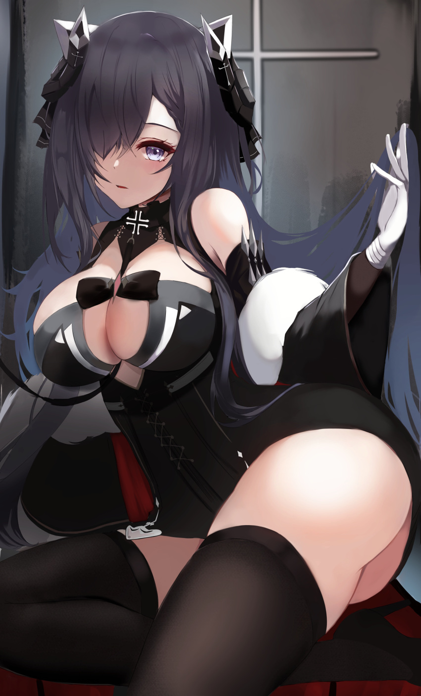 1girl absurdres ass august_von_parseval_(azur_lane) azur_lane bare_shoulders between_breasts black_dress black_horns black_thighhighs breasts cleavage cross curled_horns dress gloves hair_over_one_eye highres horns iron_cross long_hair looking_at_viewer mechanical_horns pigu_56100 purple_hair solo strap_between_breasts thighhighs very_long_hair white_gloves