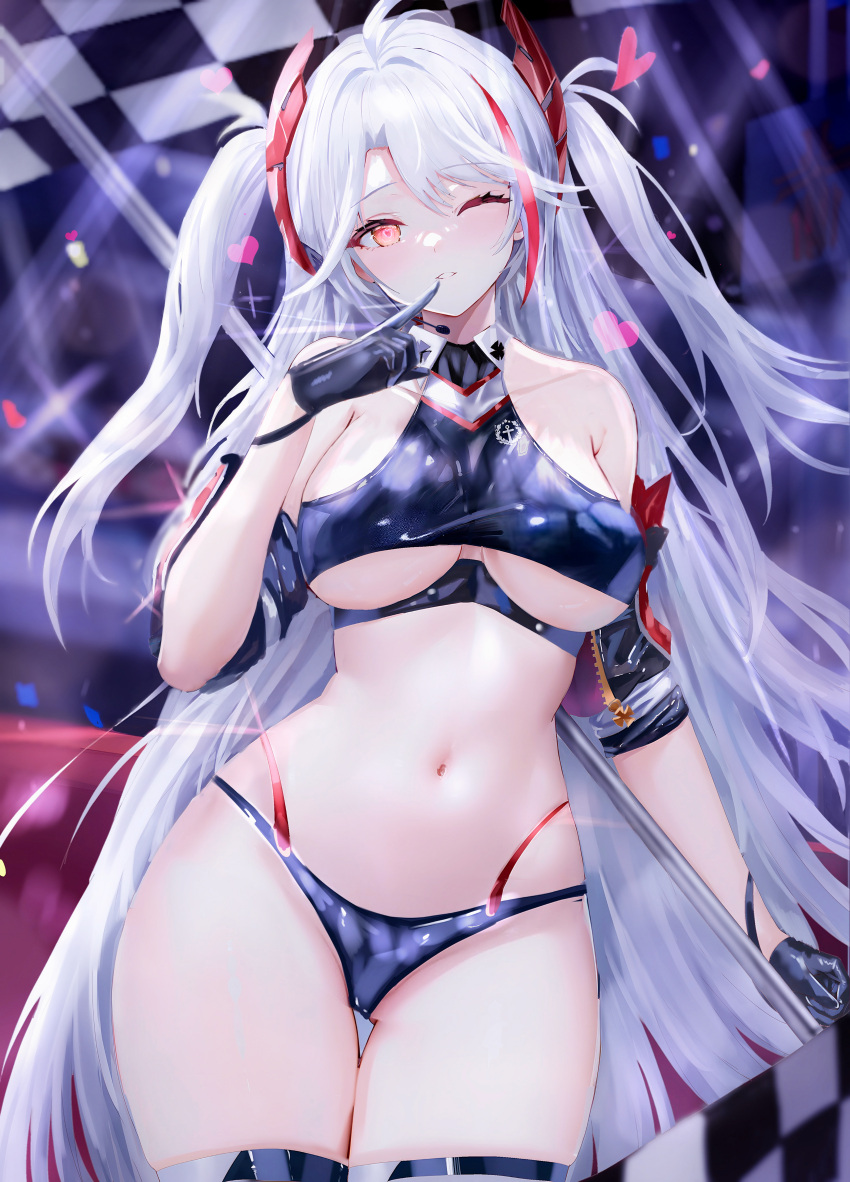 1girl absurdres age_fx ahoge azur_lane bare_shoulders black_gloves breasts commentary_request contrapposto cowboy_shot crop_top gloves glowing glowing_eyes grey_hair grin halterneck heart heart-shaped_pupils highleg highleg_panties highres long_hair looking_at_viewer medium_breasts microphone multicolored_hair navel official_alternate_costume one_eye_closed orange_eyes panties prinz_eugen_(azur_lane) prinz_eugen_(final_lap)_(azur_lane) race_queen smile solo stomach streaked_hair symbol-shaped_pupils thigh_gap thighs two_side_up underboob underwear very_long_hair