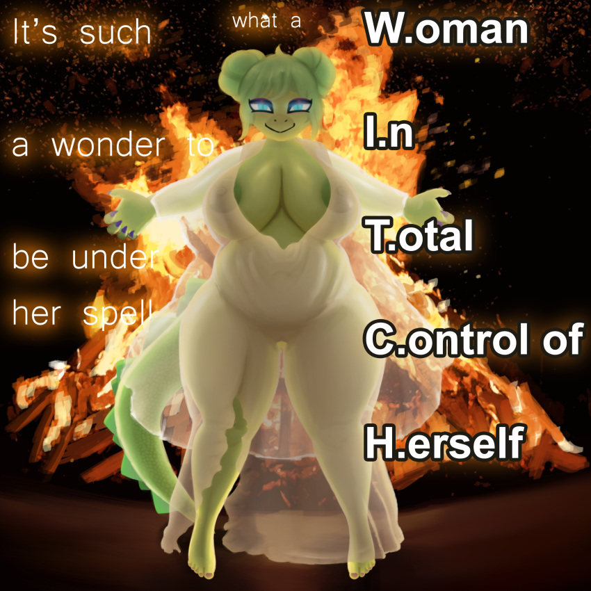 1:1 ahoeforcoffee alternate_version_at_source anthro barefoot big_breasts blue_eyes bonfire breasts chubby_female clothing colored_nails dinosaur dress english_text feet female fire front_view glowing glowing_eyes goodbye_volcano_high green_body green_hair hair half-closed_eyes hi_res looking_at_viewer lyrics nails narrowed_eyes ornithischian overweight reptile scalie solo spiked_tail spikes spikes_(anatomy) stegosaurian stegosaurus stella_(gvh) tail text thyreophoran translucent translucent_clothing wide_hips wide_stance