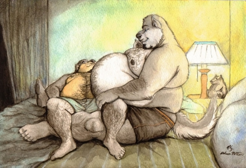 anthro bed bedroom belly between_legs big_belly clothing curtains duo eye_contact furniture lamp looking_at_another lying male male/male overweight overweight_anthro overweight_male pillow plushie relaxing sitting size_difference smaller_male soft_belly tankthewolf under_belly