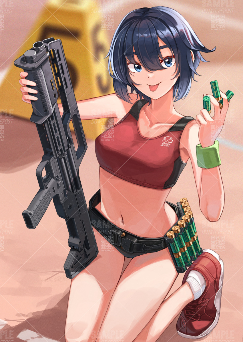 1girl :p absurdres bare_shoulders between_fingers black_buruma black_hair blue_eyes blurry blurry_background breasts buruma closed_mouth collarbone commentary day depth_of_field dreadtie gun hair_between_eyes highres holding holding_gun holding_weapon indoors kneeling looking_at_viewer medium_breasts navel original outdoors qr_code red_footwear sample_watermark shoes shotgun_shell smile socks solo thick_eyebrows tongue tongue_out watermark weapon white_socks