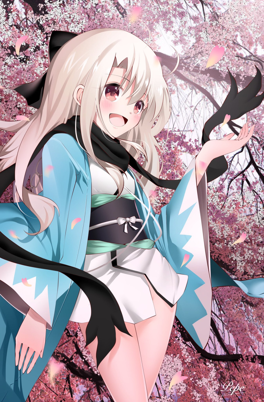 1girl black_bow blush bow breasts cherry_blossoms cosplay fate/grand_order fate/kaleid_liner_prisma_illya fate_(series) hair_bow haori highres illyasviel_von_einzbern japanese_clothes kimono koha-ace long_hair long_sleeves obi okita_souji_(fate) okita_souji_(koha-ace) okita_souji_(koha-ace)_(cosplay) open_mouth pei_iriya petals red_eyes sash short_kimono sidelocks small_breasts smile solo thighs tree white_hair white_kimono wide_sleeves