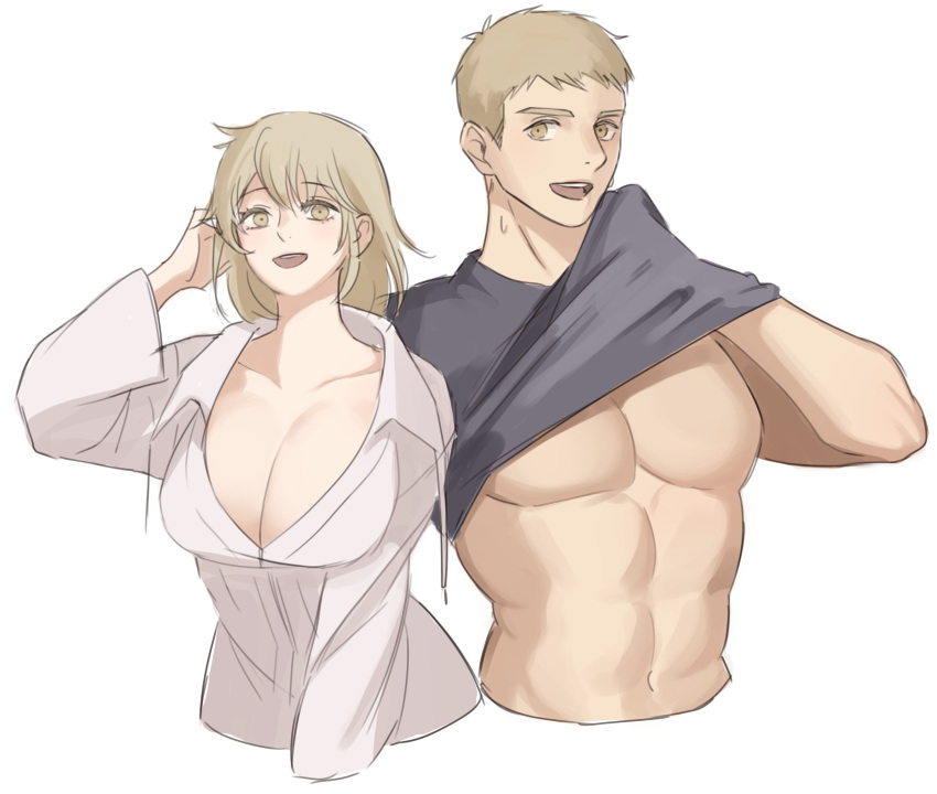 1boy 1girl :d abs brother_and_sister closed_mouth clothes_lift cropped_torso dungeon_meshi falin_thorden grey_hair grey_shirt hand_up highres howo_owo korean_commentary laios_thorden lifted_by_self light_brown_hair long_sleeves looking_at_viewer navel pectorals shirt shirt_lift short_hair siblings simple_background sketch smile t-shirt white_background white_shirt yellow_eyes