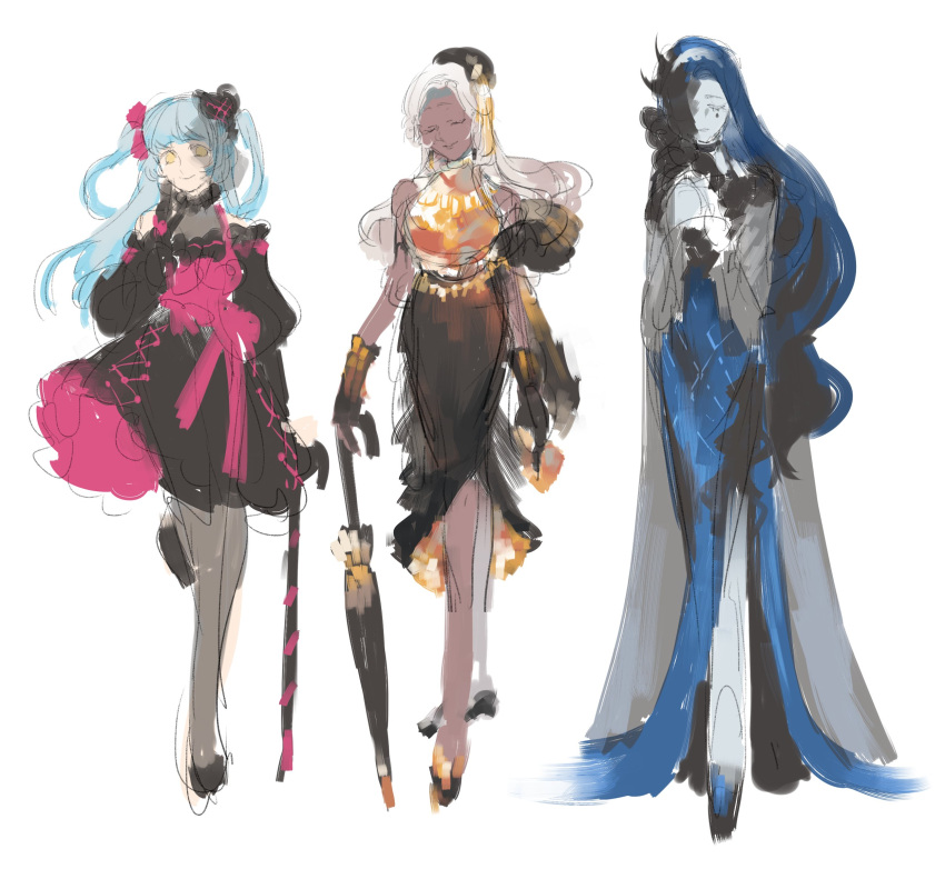 3girls black_dress black_gloves blue_hair cane closed_mouth dark-skinned_female dark_skin dress full_body gloves highres king_of_greed knight_of_despair lobotomy_corporation long_hair long_sleeves multiple_girls project_moon puffy_long_sleeves puffy_sleeves queen_of_hatred shanhujiao simple_background sketch sleeveless sleeveless_dress smile two_side_up umbrella very_long_hair white_background white_hair yellow_eyes