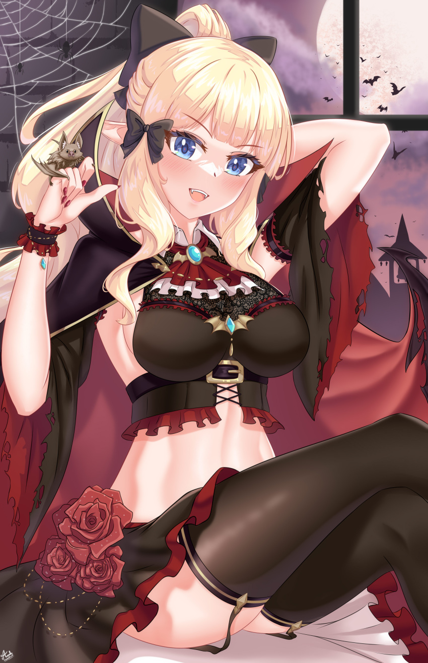 1girl :d absurdres alternate_costume bat_(animal) black_bow black_cape black_skirt black_thighhighs blonde_hair blue_eyes blush bow breasts bug cape corsairzero11 elf fangs full_moon hair_bow halloween_costume highres large_breasts looking_at_viewer midriff moon nail_polish pointy_ears princess_connect! red_nails saren_(princess_connect!) sidelocks silk sitting skirt smile solo spider spider_web thighhighs vampire window