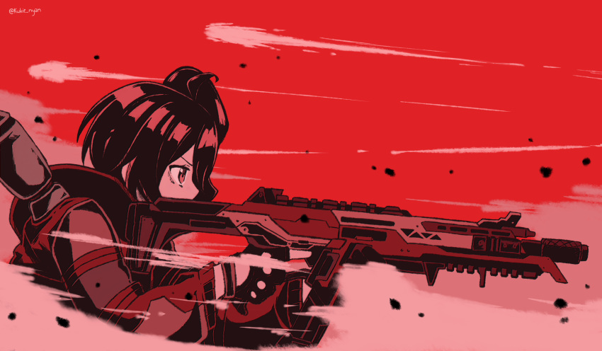 1girl ahoge apex_legends artist_name english_commentary fingerless_gloves gloves gun highres holding holding_gun holding_weapon hololive kukie-nyan looking_to_the_side natsuiro_matsuri red_background red_theme solo twitter_username upper_body virtual_youtuber weapon weapon_request