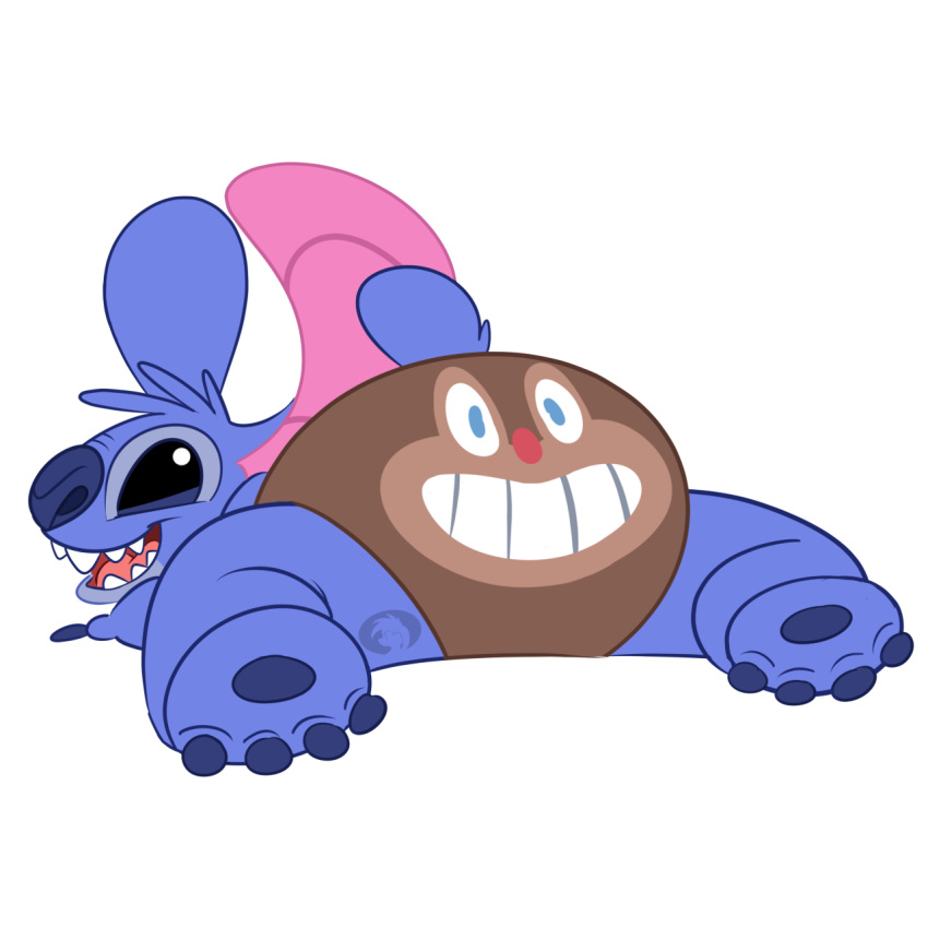 1:1 alien animate_inanimate blue_claws blue_eyes blue_nose blue_pawpads claws diaper diaper_creature diaper_transformation disney experiment_(lilo_and_stitch) hi_res lilo_and_stitch lying male open_mouth pawpads pink_inner_ear red_nose sharp_teeth simple_background smile stitch_(lilo_and_stitch) teeth trevor-fox trevor-fox_(character) white_background