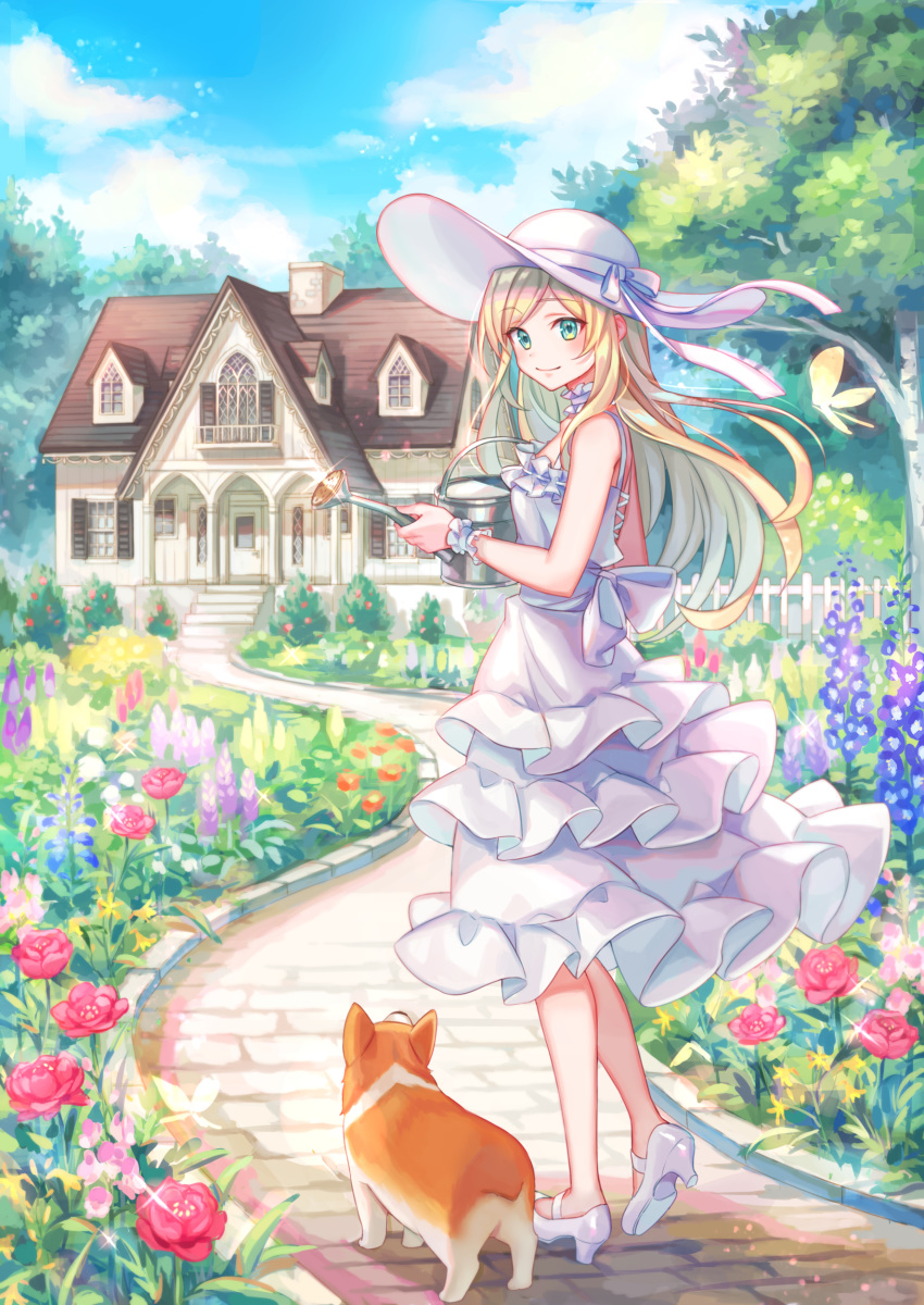 1girl absurdres back_bow bangs blonde_hair blue_sky bow bug bush butterfly closed_mouth cloud dog door dress eyebrows_visible_through_hair fence field flower flower_field foxglove frilled_dress frills garden glint green_eyes hat hat_ribbon highres holding holding_watering_can house insect leaf long_hair looking_at_viewer looking_to_the_side original path picket_fence ribbon rose scenery shiba_inu sky smile stairs standing sun_hat sundress tree watering_can welsh_corgi white_dress white_footwear window wooden_fence wrist_cuffs zoff_(daria)