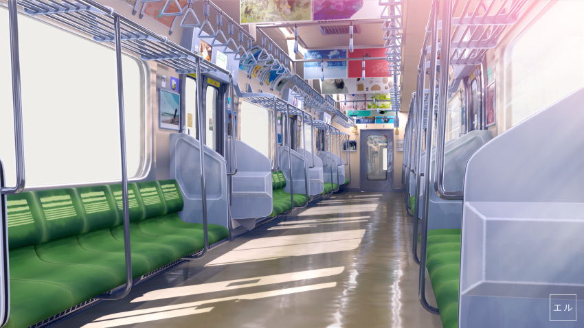 artist_name board commentary_request door eru_(erutwd) ground_vehicle highres no_humans original reflective_floor scenery seat shade sunlight train train_interior window