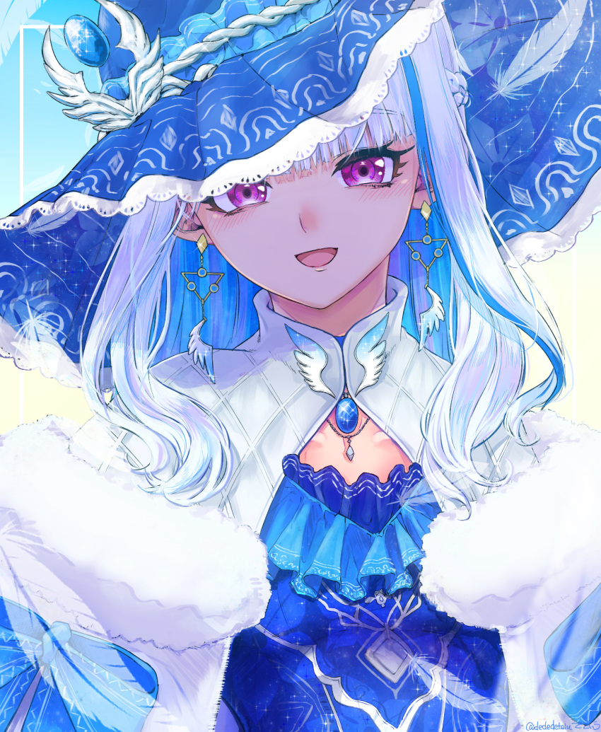 1girl :d bangs blue_hair blue_headwear blue_theme blunt_bangs breasts capelet collarbone colored_inner_hair dededeteiu earrings frills fur_trim gem hat hat_over_one_eye hat_ribbon highlights highres jewelry lize_helesta long_hair looking_at_viewer multicolored_hair nijisanji open_mouth pendant purple_eyes ribbon smile solo two-tone_hair upper_body virtual_youtuber white_capelet white_hair