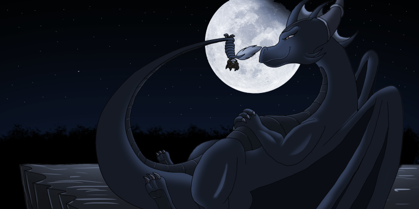 2014 anthro blue_body blue_scales brown_body brown_fur dragon duo female feral fur hi_res macro male moon night rob_(rthc) robthehoopedchipmunk scales size_difference smile tail_grab tail_tuft tuft tulip_(rthc)
