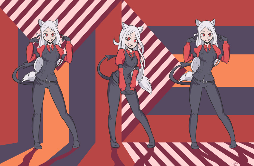 absurd_res animal_humanoid breasts canid canid_humanoid canine canine_humanoid cerberus_(helltaker) clothed clothing demon dog_humanoid female fingers fully_clothed group hair helltaker hi_res humanoid light_skin long_hair looking_at_viewer mammal mammal_humanoid me!me!me! monotone_hair obsidianwasp red_clothing red_eyes simple_background smile spade_tail standing white_hair