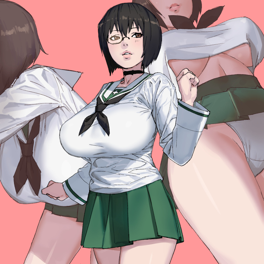 1girl absurdres bangs black_choker black_hair black_neckwear blush breasts brown_eyes choker clenched_hands from_below girls_und_panzer green_skirt hair_between_eyes highres kawashima_momo large_breasts leaning_forward onsen_tamago_(hs_egg) panties parted_lips pink_background pleated_skirt school_uniform serafuku short_hair skirt standing thighs underboob underwear white_panties