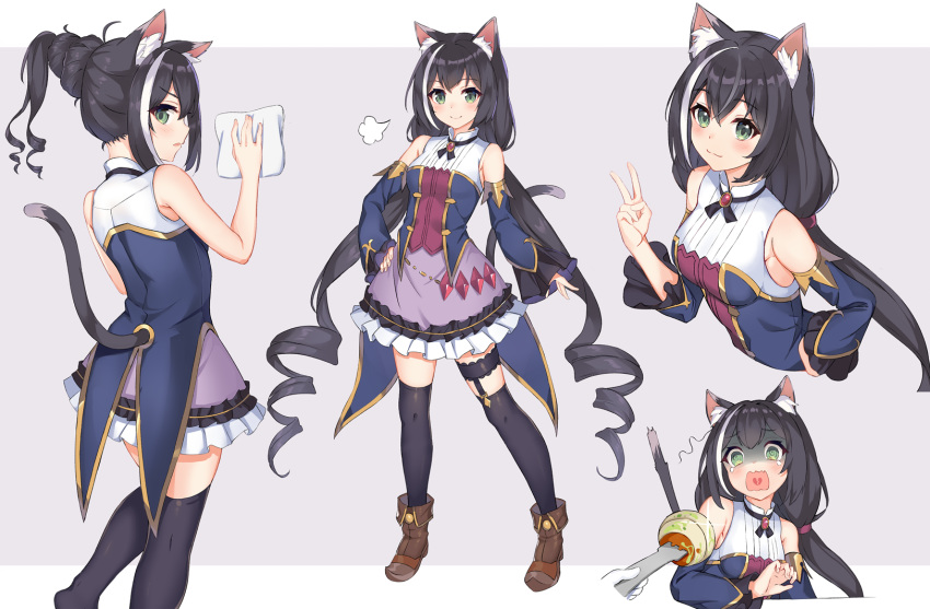 1girl @_@ animal_ears ankle_boots bare_shoulders black_hair black_legwear boots broken_heart brown_eyes cat_ears cat_girl cat_tail crying crying_with_eyes_open detached_sleeves dress fork frilled_dress frills from_behind grey_background hand_on_own_chest highres holding holding_fork karyl_(princess_connect!) long_hair long_sleeves looking_at_viewer looking_back low_twintails maggot multicolored multicolored_clothes multicolored_dress multicolored_hair multiple_views noboru_(kamine204136) parted_lips ponytail princess_connect! princess_connect!_re:dive sidelocks sleeveless sleeveless_dress sparkle streaked_hair tail tears thigh_strap thighhighs turn_pale twintails two-tone_background v very_long_hair white_hair zettai_ryouiki