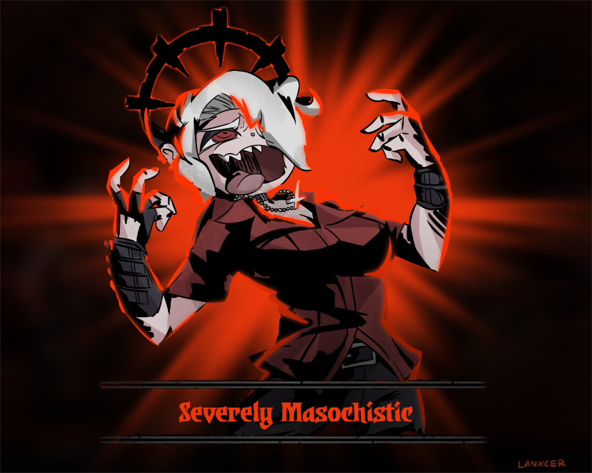 1girl absurdres affliction_(darkest_dungeon) belt black_background black_choker black_legwear black_nails breasts choker cigarette cleavage collared_shirt cross cross_necklace darkest_dungeon demon_girl demon_horns grey_hair hair_over_one_eye hands_up helltaker highres horns jewelry lanxcer large_breasts looking_up monster_girl necklace one_eye_covered open_mouth piercing red_eyes red_shirt sharp_teeth shirt short_hair simple_background smirk solo teeth tongue tongue_out upper_body white_hair wristband zdrada_(helltaker)