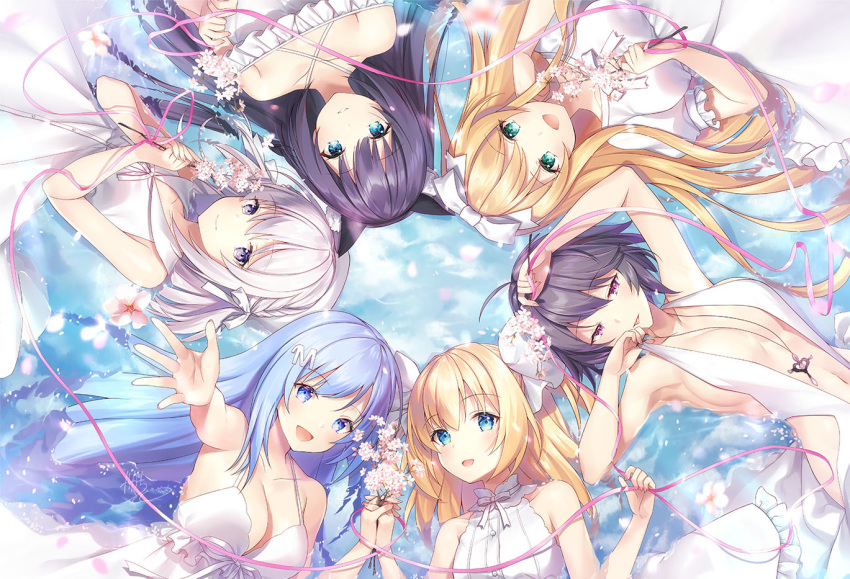 6+girls :d :p animal_ear_fluff animal_ears arm_up bangs bare_arms bare_shoulders black_hair blonde_hair blue_eyes blue_hair breasts character_request closed_mouth collarbone collared_dress commentary_request criss-cross_halter dress emori_el emori_miku emori_miku_project emu_alice eyebrows_visible_through_hair ezuki_luna flower green_eyes hair_between_eyes halterneck holding holding_flower holding_hands interlocked_fingers kagachi_saku long_hair lying medium_breasts multiple_girls off-shoulder_dress off_shoulder on_back open_mouth outstretched_arm pink_flower puffy_short_sleeves puffy_sleeves purple_eyes shallow_water short_sleeves silver_hair sleeveless sleeveless_dress smile tongue tongue_out water white_dress