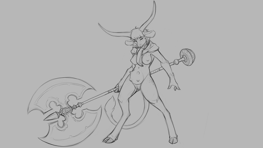 16:9 2020 anthro axe battle_axe big_breasts bovid bovine breasts cattle clothing fantasy_weapon female fighting_pose fur genitals giant_weapon grey_background hair holding_object holding_weapon hooves horn long_horn looking_at_viewer mammal melee_weapon monochrome nipples nude oversized_weapon pose pussy simple_background solo standing tail_tuft teats tuft udders watsup weapon widescreen