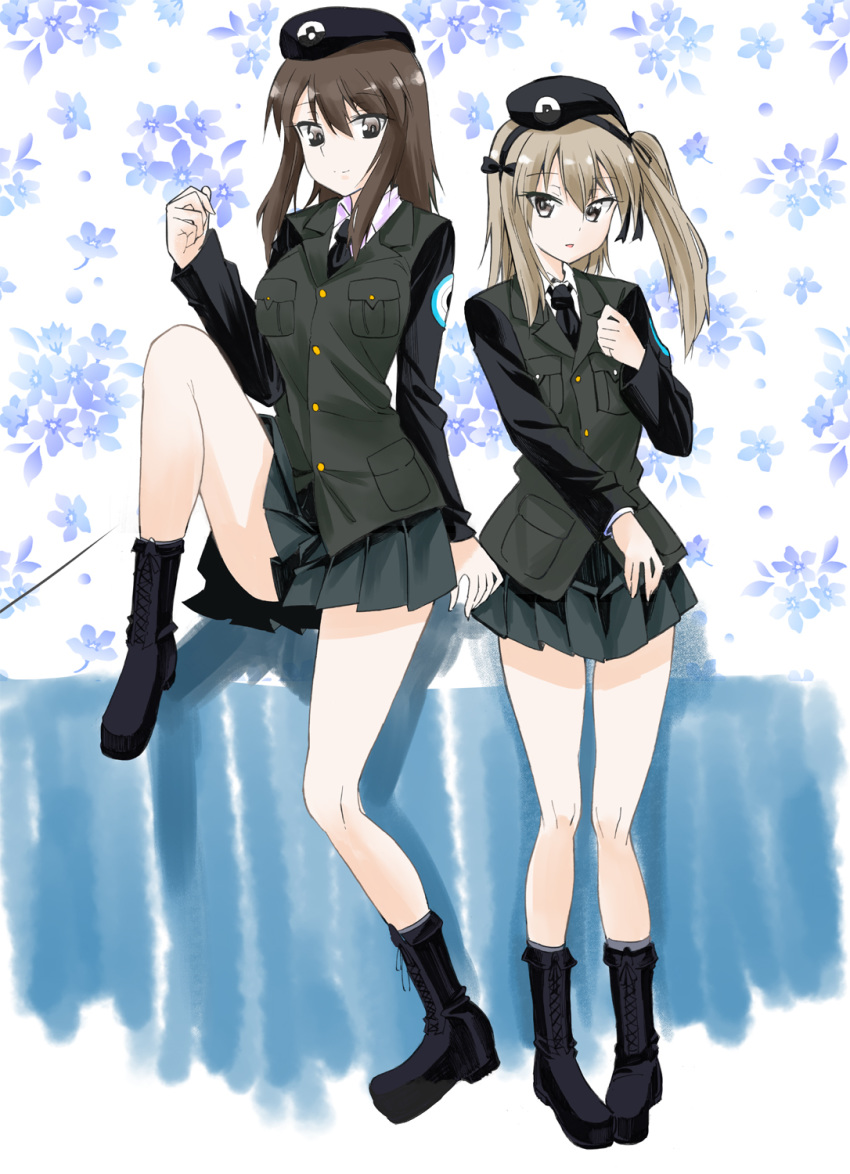 2girls alternate_costume arm_support bad_id bad_twitter_id bangs beret black_footwear black_headwear black_jacket black_neckwear black_ribbon black_skirt boots brown_eyes brown_hair clenched_hand closed_mouth cross-laced_footwear dress_shirt emblem eno_(mauritz_stiller) eyebrows_visible_through_hair floral_background girls_und_panzer hair_ribbon hat highres jacket japanese_tankery_league_(emblem) lace-up_boots leg_up light_brown_hair long_hair long_sleeves looking_at_viewer mika_(girls_und_panzer) military military_hat military_uniform miniskirt multiple_girls necktie one_side_up parted_lips pleated_skirt ribbon selection_university_(emblem) selection_university_military_uniform shimada_arisu shirt side-by-side sitting skirt smile standing uniform white_shirt