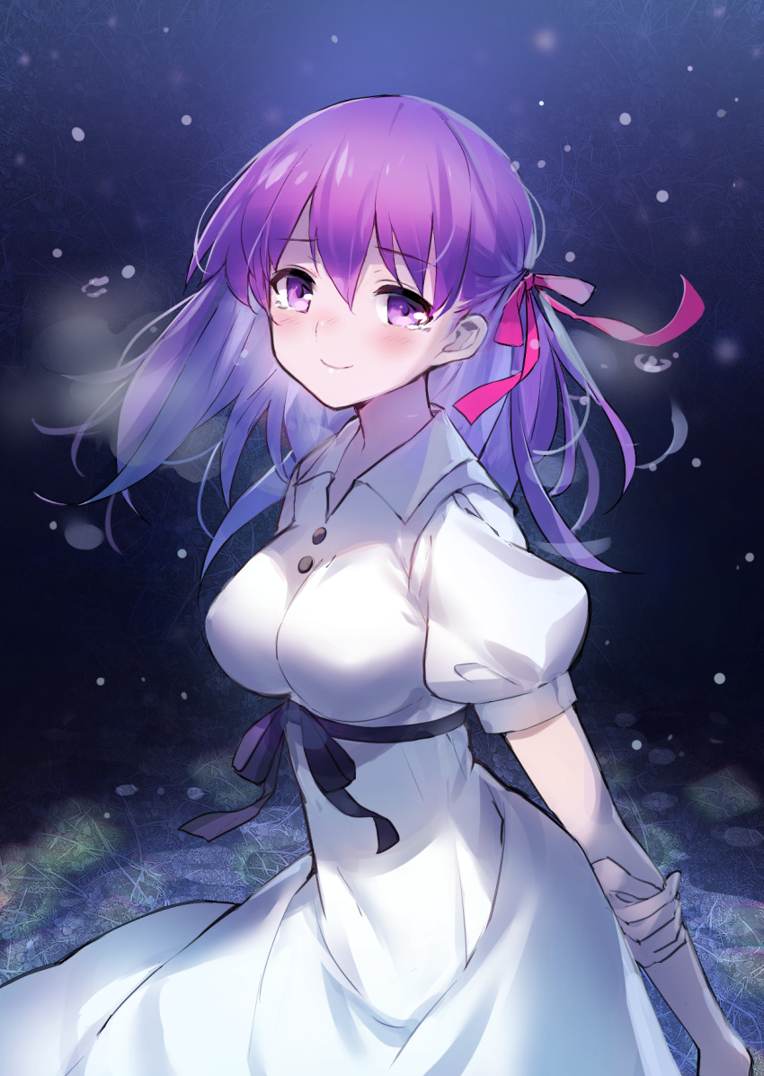 1girl arms_behind_back bangs breasts closed_mouth collared_dress commentary_request dress eyebrows_visible_through_hair fate/stay_night fate_(series) hair_ribbon hand_on_own_elbow heaven's_feel highres large_breasts long_hair looking_at_viewer matou_sakura puffy_short_sleeves puffy_sleeves purple_eyes purple_hair red_ribbon ribbon sheska_xue short_sleeves smile solo tears white_dress wing_collar