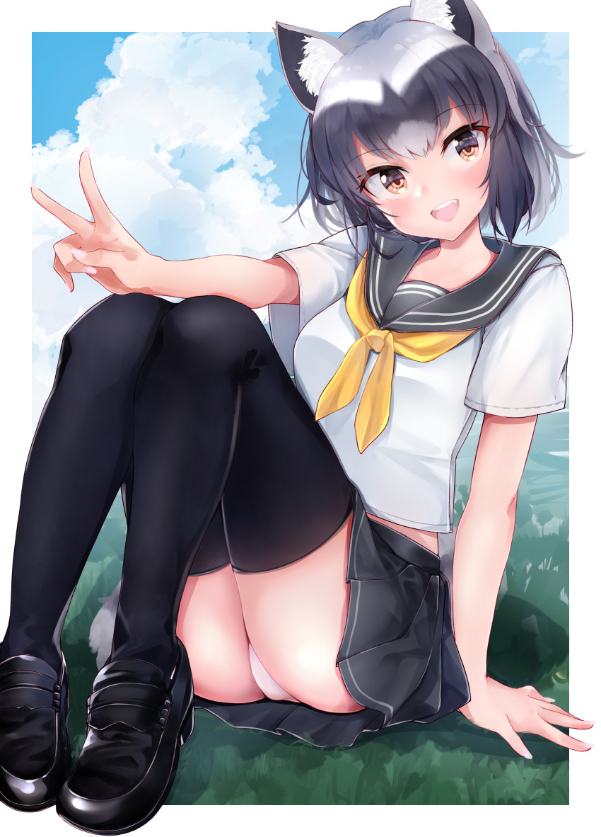 1girl absurdres alternate_costume animal_ear_fluff animal_ears ass bangs bare_arms black_footwear black_hair black_legwear black_skirt brown_hair collared_shirt common_raccoon_(kemono_friends) day eyebrows_visible_through_hair full_body grey_hair head_tilt highres kemono_friends kinou_no_shika knees_up looking_at_viewer medium_hair microskirt midriff_peek multicolored_hair neckerchief open_mouth outdoors outstretched_arm panties pantyshot raccoon_ears raccoon_tail sailor_collar shirt shoes short_sleeves sitting skirt smile solo stomach tail thighhighs underwear upper_teeth v white_hair white_panties white_shirt