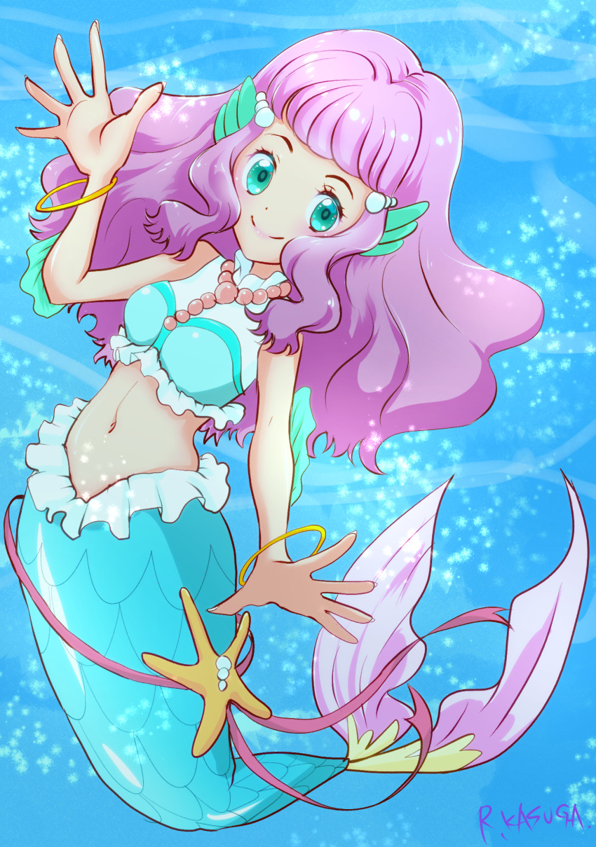 1girl air_bubble artist_name bangs bare_shoulders blue_eyes blunt_bangs bracelet breasts bubble commentary_request crop_top frilled_shirt frilled_shirt_collar frills full_body green_eyes hair_ornament hand_up highres jewelry laura_(precure) long_hair looking_at_viewer medium_breasts mermaid midriff monster_girl navel necklace pearl_hair_ornament pearl_necklace pink_hair precure ruriruri scales shirt sidelocks sleeveless sleeveless_shirt smile solo split_tail tropical-rouge!_precure underwater white_shirt