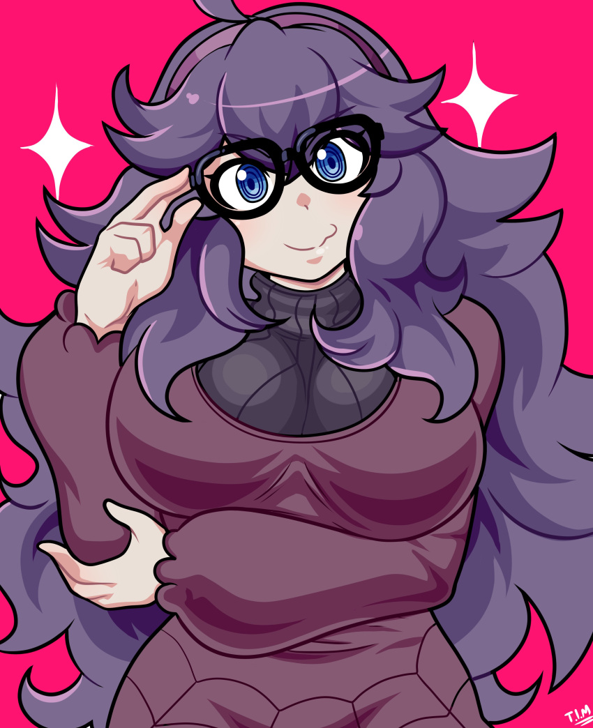 :3 @_@ absurdres adjusting_eyewear ahoge blue_eyes dress glasses hand_on_own_elbow headband hex_maniac_(pokemon) highres long_dress long_hair pink_background pokemon pokemon_(game) pokemon_xy purple_hair purple_headband ribbed_sweater silk simple_background smile sparkle spider_web spider_web_print sweater theironmountain