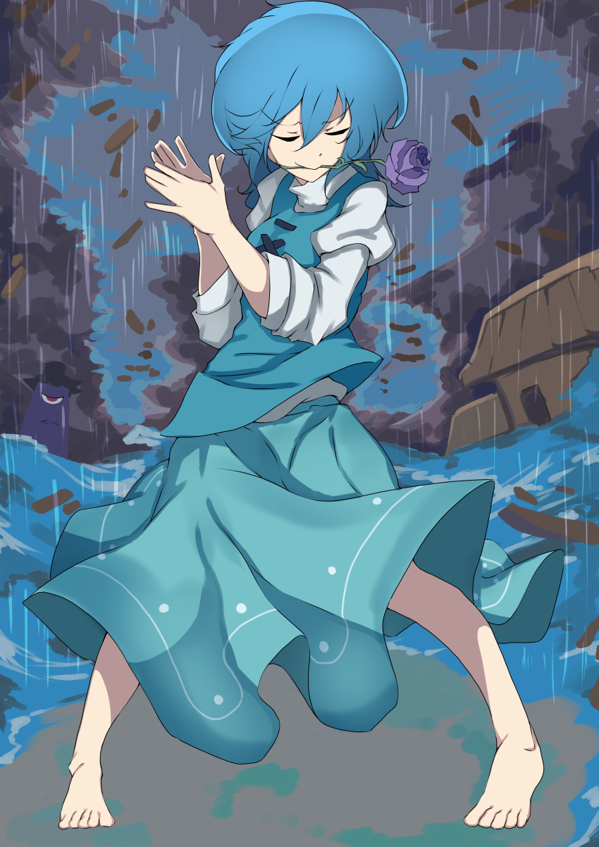 1girl absurdres bangs barefoot blue_hair blue_skirt blue_vest building clapping closed_eyes closed_mouth dark_clouds debris eesu floorplan flower flower_in_mouth highres long_sleeves purple_flower purple_rose rain rose shirt short_hair skirt storm tatara_kogasa tatara_kogasa_(umbrella) touhou umbrella vest water_drop white_shirt