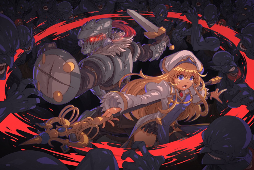 1girl 6+boys armor battle blonde_hair blood blue_eyes breastplate buckler commentary decapitation edwin_huang english_commentary full_armor gloves glowing glowing_eye goblin goblin_slayer goblin_slayer! guro helmet holding holding_sword holding_weapon long_hair motion_lines multiple_boys no_pupils priestess priestess_(goblin_slayer!) red_eyes shield shirtless short_sword shoulder_armor staff surrounded sword weapon
