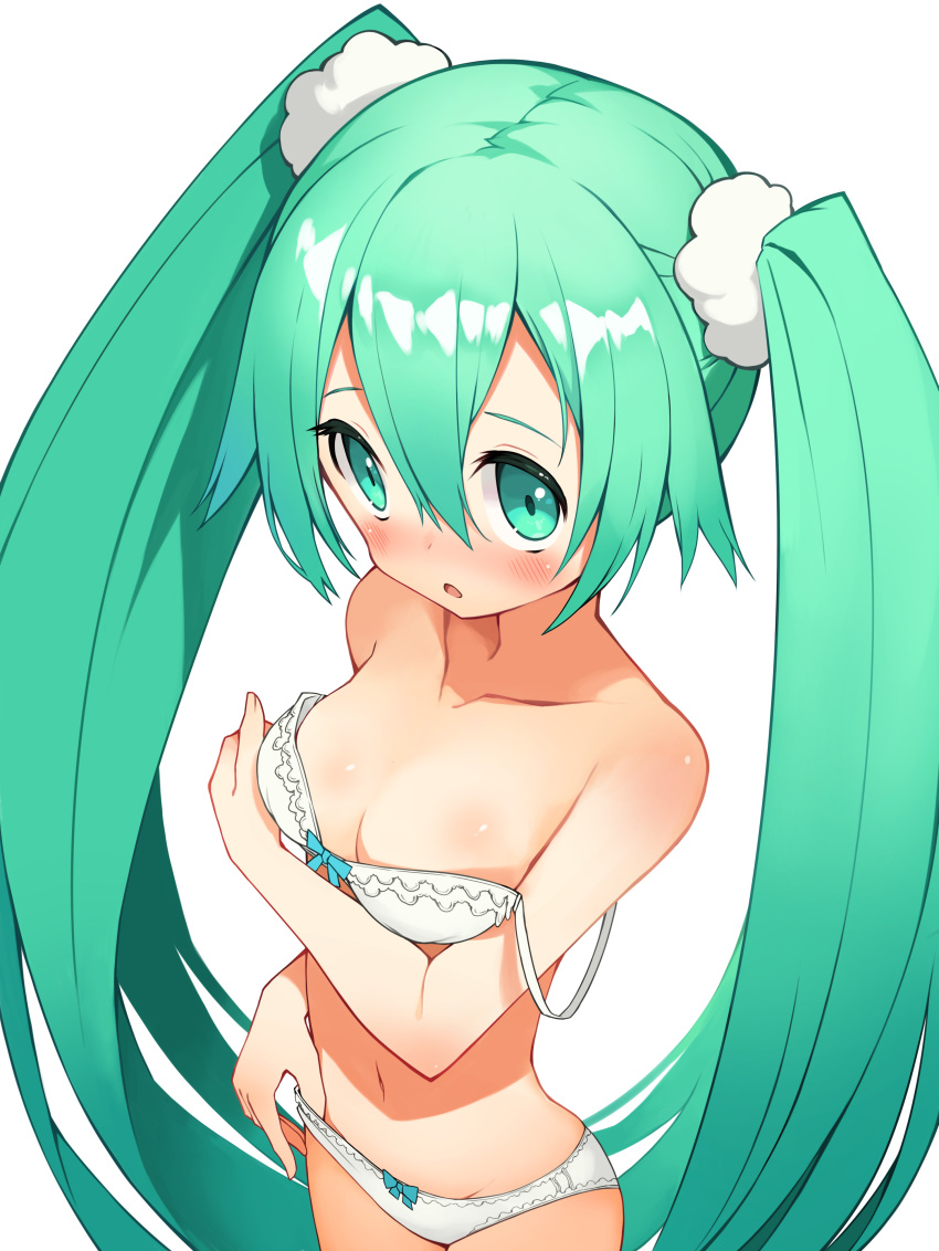 1girl absurdres blush bra breasts green_eyes green_hair hair_between_eyes hatsune_miku highres hirokawa_desu long_hair looking_at_viewer medium_breasts navel open_mouth panties scrunchie simple_background solo strap_slip twintails underwear underwear_only very_long_hair vocaloid white_background white_bra white_panties