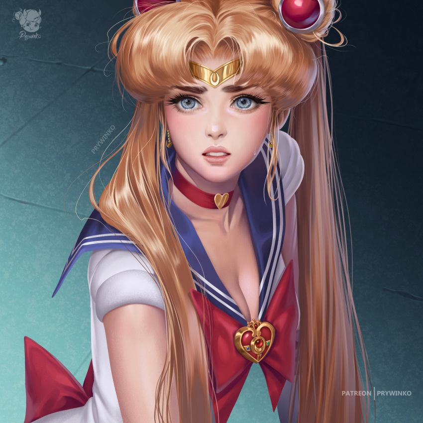 1girl bishoujo_senshi_sailor_moon blonde_hair blue_eyes blue_sailor_collar breasts choker circlet cleavage collarbone crescent crescent_earrings earrings hair_over_shoulder heart heart_choker highres jewelry long_hair meme olga_narhova red_choker sailor sailor_collar sailor_moon sailor_moon_redraw_challenge sailor_senshi sailor_senshi_uniform solo twintails upper_body