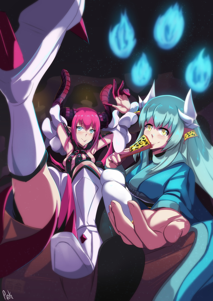 2girls absurdres aqua_hair aqua_kimono asymmetrical_horns blue_eyes boots box cardboard_box corset curled_horns dragon_girl dragon_horns dragon_tail elizabeth_bathory_(fate) elizabeth_bathory_(fate)_(all) fan fate/grand_order fate_(series) folding_fan highres holding holding_fan horns in_box in_container japanese_clothes kimono kiyohime_(fate/grand_order) long_hair multiple_girls multiple_horns obi pink_hair pink_seito pointy_ears sash sitting smile spiked_footwear tail white_footwear yellow_eyes