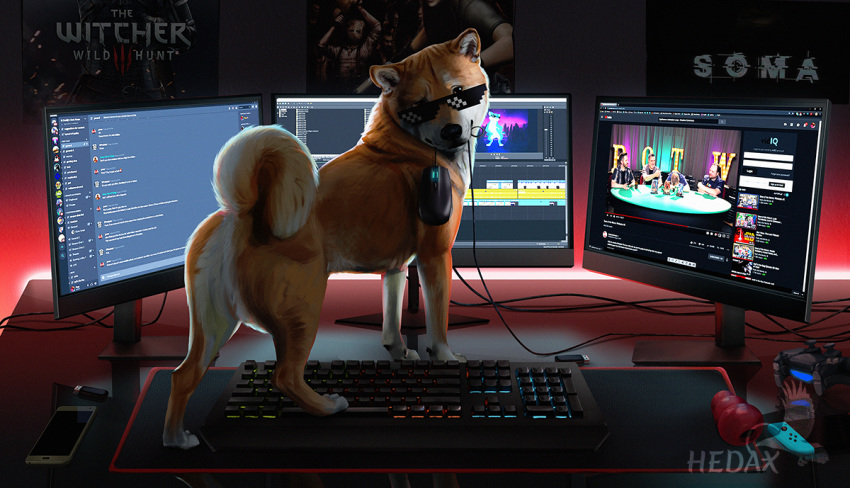 ambiguous_gender backlighting beady_eyes black_nose canid canine canis cellphone computer computer_mouse controller cord curled_tail desk desk_mat detailed detailed_background digitigrade discord_(app) doge domestic_dog dualshock_4 eyewear featureless_crotch feral furniture game_controller gaming hedax joycon_controller keyboard_(computer) led_light light lighting looking_at_viewer looking_back mammal meme multi-monitor nintendo nintendo_controller nintendo_switch object_in_mouth on_desk paws phone playstation playstation_4 playstation_controller poster rags_(youtuber) shiba_inu side_view smartphone snout solo sony_corporation sony_interactive_entertainment spitz sunglasses the_witcher_3 usb video_games youtube