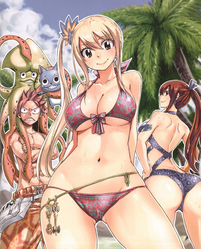 1boy 2girls absurdres animal_on_head animal_print arm_tattoo arms_behind_back ass bikini blonde_hair blue_swimsuit breasts constricted_pupils crossed_arms day earrings erza_scarlet fairy_tail grin halter_top halterneck hands_on_hips highres jewelry large_breasts leopard_print long_hair looking_at_viewer looking_back lucy_heartfilia male_swimwear mashima_hiro multiple_girls natsu_dragneel navel official_art on_head outdoors outline palm_tree red_hair scan side_ponytail smile spiked_hair striped striped_bikini sweat swim_trunks swimsuit swimwear tattoo tree white_outline