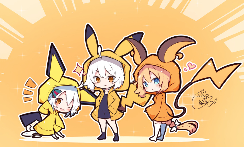 3girls ;d bangs beni_shake black_dress black_legwear blonde_hair blush bow braid brown_background brown_eyes chibi closed_mouth collarbone commentary_request cosplay dress eyebrows_visible_through_hair fate/grand_order fate_(series) gen_1_pokemon gen_2_pokemon hair_between_eyes hair_bow heart highres hood hood_up hooded_jacket jacket jeanne_d'arc_(alter)_(fate) jeanne_d'arc_(fate) jeanne_d'arc_(fate)_(all) jeanne_d'arc_alter_santa_lily long_hair multiple_girls no_shoes notice_lines one_eye_closed open_mouth orange_jacket outline parted_lips pichu pichu_(cosplay) pichu_ears pikachu pikachu_(cosplay) pikachu_ears pikachu_tail pokemon_ears raichu raichu_(cosplay) shadow signature smile socks sparkle sparkle_background standing tail thighhighs very_long_hair white_bow white_hair white_legwear white_outline yellow_jacket
