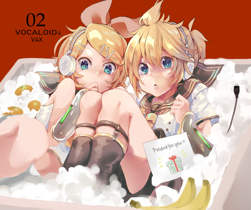 1boy 1girl absurdres ahoge aqua_eyes banana bass_clef blonde_hair bow box brother_and_sister clenched_hands commentary delivery drawing food fortissimo fruit ganmo_hanemuun hair_bow hair_ornament hairclip hand_to_own_mouth headphones headset highres kagamine_len kagamine_len_(vocaloid4) kagamine_rin kagamine_rin_(vocaloid4) leg_warmers legs_together letter looking_at_viewer lying mandarin_orange necktie on_back package short_hair short_ponytail shorts siblings treble_clef twins usb v4x vocaloid white_bow wide-eyed yellow_neckwear