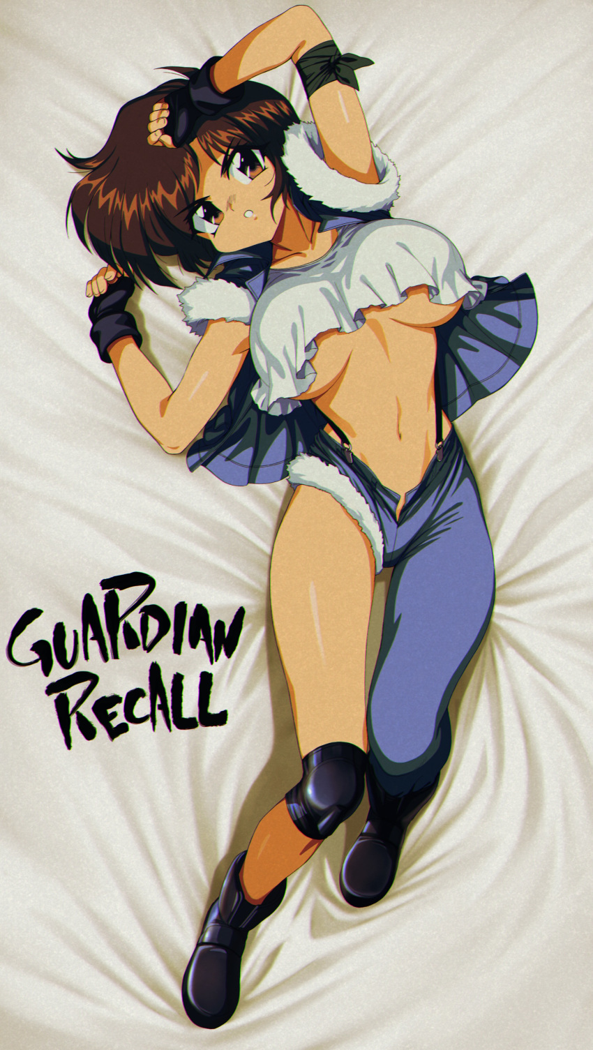 1girl absurdres asymmetrical_clothes bed_sheet black_gloves breasts brown_eyes brown_hair copyright_name daichi_yuuko denim fingerless_gloves full_body gloves guardian_recall highres jacket jeans knee_pads large_breasts lying navel on_back open_clothes open_fly open_jacket pants parted_lips single_pantsleg sleeveless sleeveless_jacket solo suspenders underboob