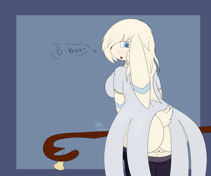 anthro big_butt blue_eyes bovid breasts butt caprine clothing dialogue domestic_sheep embarrassed female hi_res looking_at_viewer looking_back mammal open_mouth pants_pull presenting presenting_hindquarters sheep simple_background solo temiest