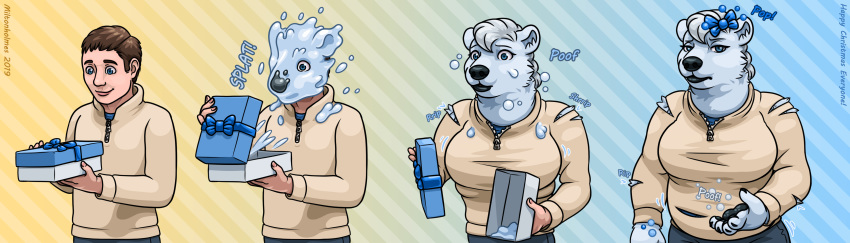 2019 absurd_res annoyed anthro big_breasts black_nose breast_growth breasts brown_hair clothing female gender_transformation gift goo_transformation hair hi_res human human_to_anthro male mammal miltonholmes mtf_transformation pawpads polar_bear sequence simple_background solo species_transformation surprise torn_clothing transformation ursid ursine weight_gain