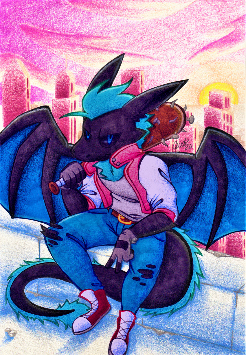 2020 absurd_res angry bat_(object) belt black_body blue_body blue_eyes blue_fur blue_hair blue_wings candyshybat clothed clothing dragon fingers footwear fur furred_dragon gloves hair handwear hi_res jacket kuno_the_dragon looking_at_viewer male outside peace_sign_(disambiguation) shoes sky solo spiked_bat spread_wings topwear torn_clothing traditional_media_(artwork) wings