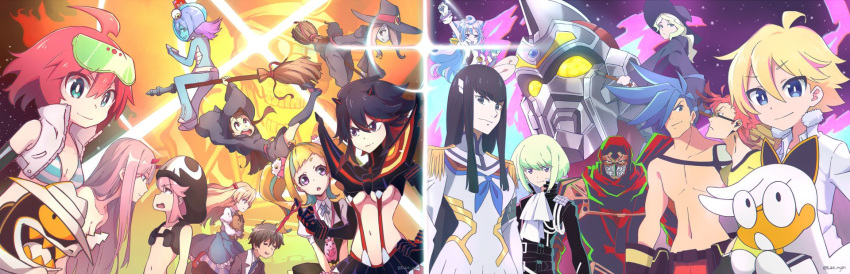 6+boys 6+girls ahoge alpha_omega_nova andou_jurai aqua_skin arm_up bangs bikini bikini_top black_eyes black_hair blonde_hair blue_eyes blue_hair blue_neckwear breasts bright_pupils broom broom_riding chest closed_mouth company_connection crossover darling_in_the_franxx diana_cavendish elbow_gloves english_commentary fujikido_kenji galo_thymos gloves green_eyes green_hair gridman_(ssss) hacka_doll hacka_doll_3 hair_between_eyes hair_over_one_eye hat highres himeki_chifuyu hood hood_up inferno_cop inferno_cop_(character) inou-battle_wa_nichijou-kei_no_naka_de jakuzure_nonon kagari_atsuko kill_la_kill kiryuuin_satsuki kiznaiver kukie-nyan lio_fotia little_witch_academia long_hair looking_at_another looking_at_viewer looking_up machspeed_(character) mask matoi_ryuuko mecha midori_(uchuu_patrol_luluco) multicolored_hair multiple_boys multiple_crossover multiple_girls navel niiyama_nico ninja ninja_slayer open_mouth otoko_no_ko pink_hair promare red_hair se-chan sex_&amp;_violence_with_machspeed shirt short_hair sidelocks skull smile spiked_hair ssss.gridman standing stuffed_toy sucy_manbavaran sunglasses swimsuit tenga_hajime thick_eyebrows trigger-chan trigger_(company) twintails twitter_username two-tone_hair uchuu_patrol_luluco underboob v-shaped_eyebrows white_pupils witch_hat yellow_shirt zero_two_(darling_in_the_franxx)