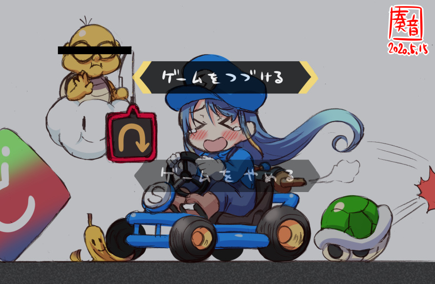 &gt;_&lt; 1girl alternate_costume artist_logo banana_peel bangs blue_hair blue_headwear blush censored closed_eyes cloud commentary_request crossover dated driving fishing_rod gloves go_kart gradient_hair green_shell highres identity_censor kanon_(kurogane_knights) kantai_collection lakitu long_hair mario_(series) mario_kart multicolored_hair nose_blush overalls parody pun revision samidare_(kantai_collection) sign solo swept_bangs tears translated very_long_hair white_gloves