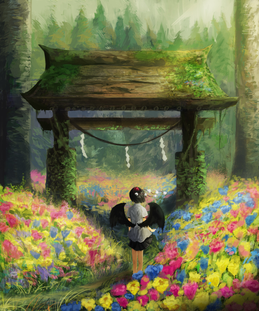 1girl bird_wings black_hair black_ribbon black_skirt black_wings collared_shirt commentary commentary_request day facing_away field fjsmu flower flower_field forest from_behind hat highres karasu_tengu moss nature outdoors overgrown plant pom_pom_(clothes) ribbon rope scenery shameimaru_aya shide shimenawa shirt short_hair short_sleeves skirt solo standing tengu tokin_hat touhou vines white_shirt wings