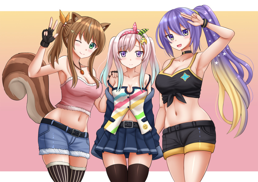 3girls airani_iofifteen alternate_hairstyle animal_ears arm_up armpits ayunda_risu bare_arms bare_shoulders belt black_choker black_gloves black_legwear black_shirt black_shorts blue_shorts blue_skirt breasts brown_hair choker cleavage collarbone crop_top cutoffs denim denim_shorts fingerless_gloves front-tie_top fur_trim gloves gradient_hair green_eyes groin hair_ornament hairclip hand_on_another's_shoulder highres hololive hololive_indonesia jewelry kazenokaze large_breasts long_hair looking_at_viewer medium_breasts midriff miniskirt moona_hoshinova multicolored_hair multiple_girls navel navel_cutout necklace off_shoulder one_eye_closed open_mouth pink_shirt pleated_skirt ponytail purple_eyes purple_hair shirt short_shorts shorts silver_hair skirt sleeveless sleeveless_shirt smile squirrel_ears squirrel_girl squirrel_tail stomach strap_slip strapless_shirt tail taut_clothes taut_shirt thighhighs thighs virtual_youtuber w white_shirt wristband zettai_ryouiki