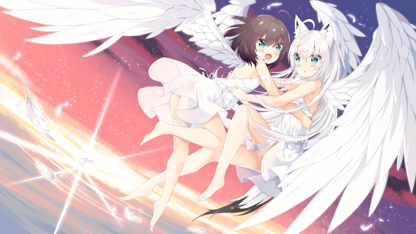 2girls absurdres angel_wings animal_ear_fluff animal_ears ass bangs bare_legs barefoot brown_hair commentary_request dutch_angle eyebrows_visible_through_hair feathered_wings feathers fox_ears fox_girl fox_tail green_eyes hair_between_eyes highres hololive horizon long_hair lr_(last_remote_514) multiple_girls natsuiro_matsuri ocean see-through shirakami_fubuki sky sunset tail very_long_hair virtual_youtuber water white_feathers white_hair white_wings wings
