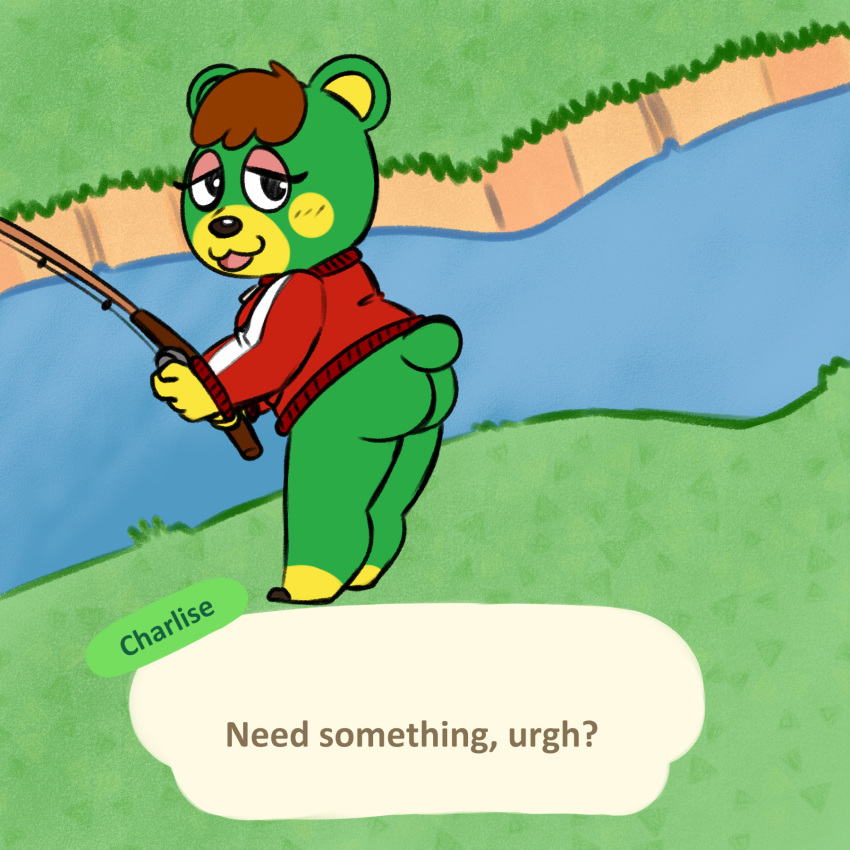 1:1 animal_crossing anthro bottomless butt charlise_(animal_crossing) clothed clothing female hi_res mammal nintendo ravenpen15 ravenpen21 simple_background solo speech_bubble ursid video_games