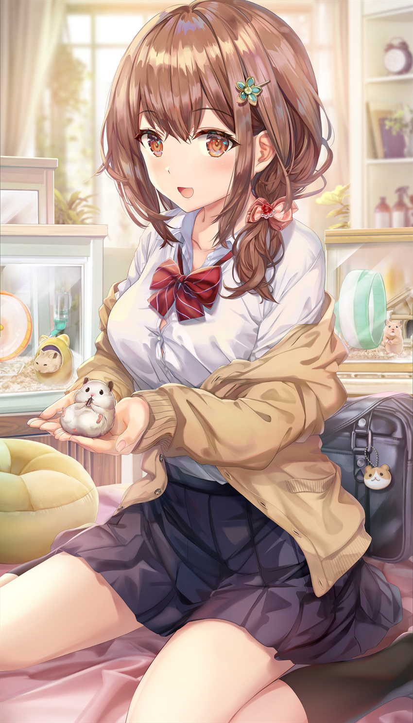 1girl bag bangs blush breasts brown_eyes brown_hair collared_shirt dress_shirt hamster highres large_breasts long_sleeves looking_at_viewer medium_hair open_mouth original school_bag shirt sitting skirt smile thighs torino_akua wariza white_shirt