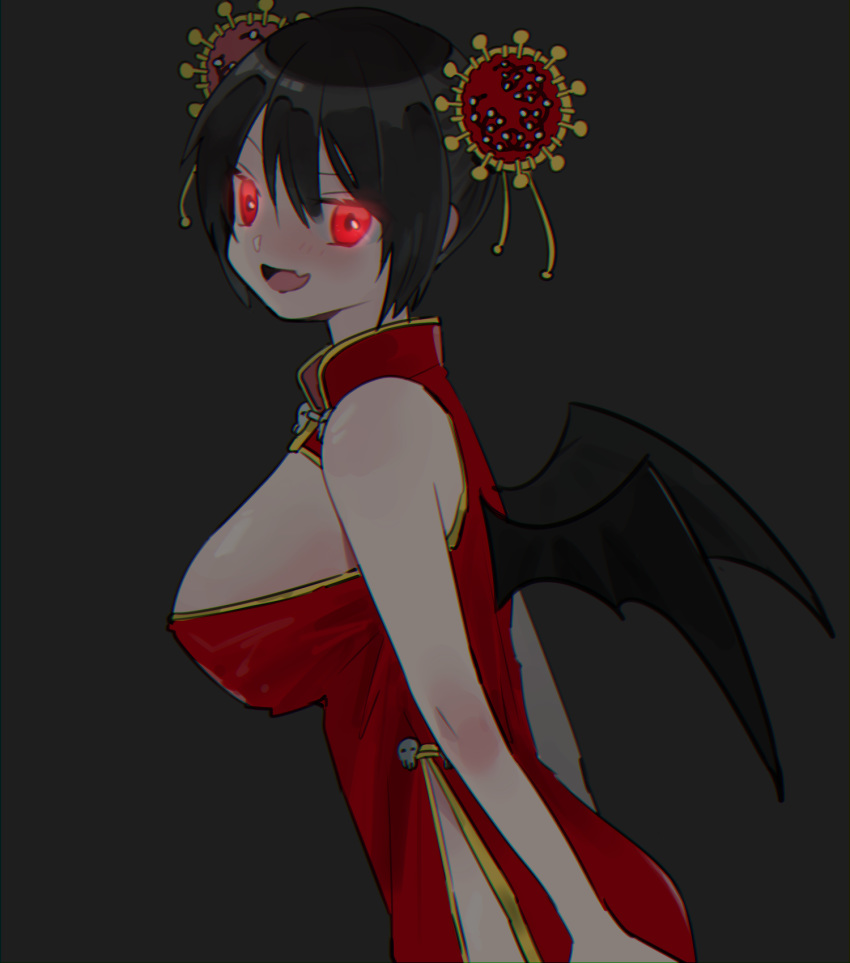 1girl :d bangs bare_arms bare_shoulders bat_wings black_hair black_wings breasts china_dress chinese_clothes chromatic_aberration corona-chan coronavirus coronavirus_pandemic dress fang from_side glowing glowing_eyes grey_background hair_between_eyes hair_ornament highres large_breasts looking_at_viewer mini_wings open_mouth original p_p_p99 red_dress red_eyes short_hair skull sleeveless sleeveless_dress smile solo virus wings