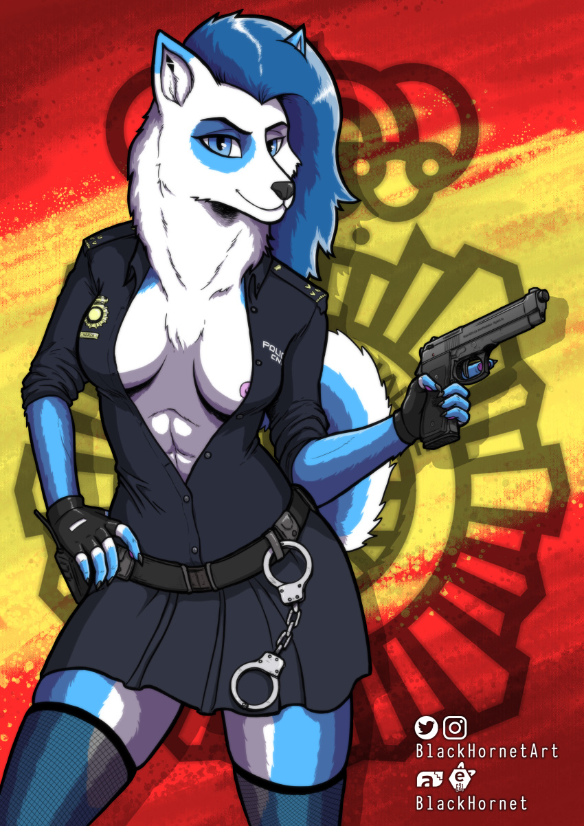 absurd_res anthro belt blackhornet blue_body blue_eyes blue_fur bottomwear canid canine canis clothing domestic_dog eye_spot female fishnet fishnet_legwear fur gloves gun handcuffs handwear hi_res husky legwear mammal multicolored_body multicolored_fur neck_tuft nipples nordic_sled_dog police police_officer police_uniform radio ranged_weapon shackles simple_background skirt smile solo spain spitz textured_background tuft two_tone_body two_tone_fur uniform weapon white_body white_fur