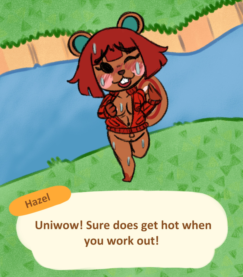animal_crossing anthro blush bodily_fluids bottomless clothed clothing english_text female hair hazel_(animal_crossing) hi_res mammal nintendo ravenpen15 ravenpen21 red_hair rodent sciurid simple_background solo speech_bubble sweat text undressing video_games